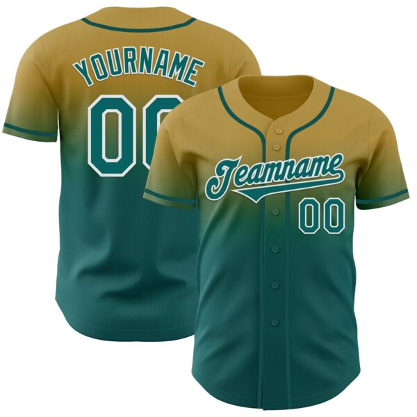 Custom Old Gold Teal-White Authentic Fade Fashion Baseball Jersey
