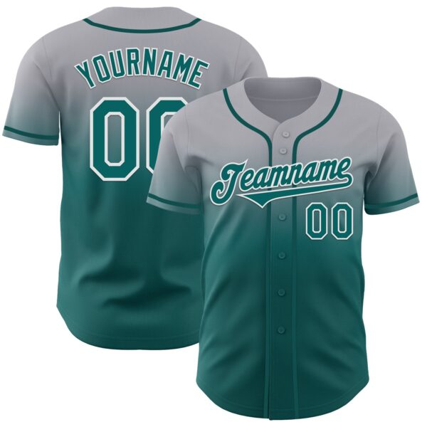 Custom Gray Teal-White Authentic Fade Fashion Baseball Jersey