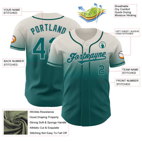 Custom Cream Teal-Gray Authentic Fade Fashion Baseball Jersey