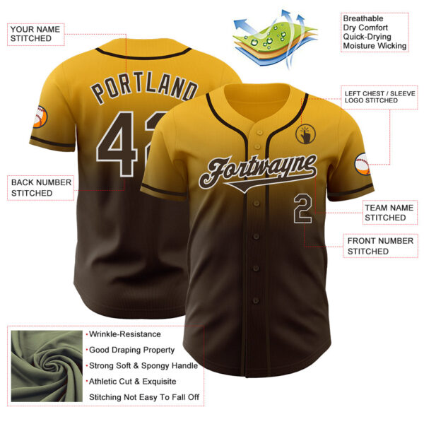 Custom Gold Brown-White Authentic Fade Fashion Baseball Jersey