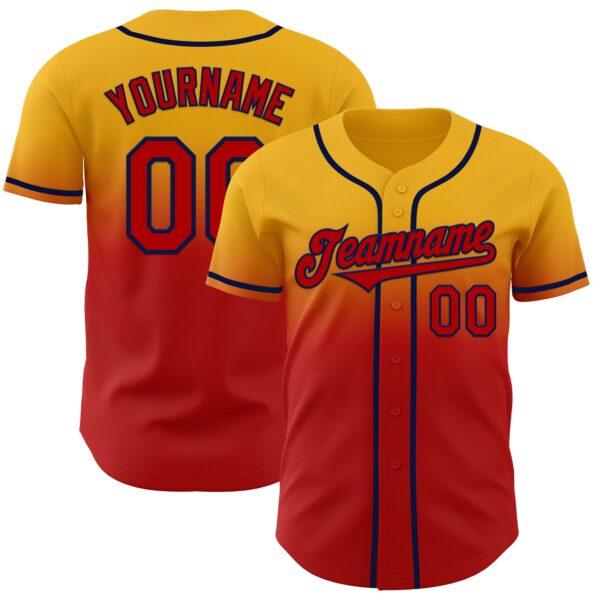 Custom Gold Red-Navy Authentic Fade Fashion Baseball Jersey
