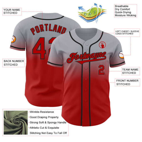 Custom Gray Red-Black Authentic Fade Fashion Baseball Jersey