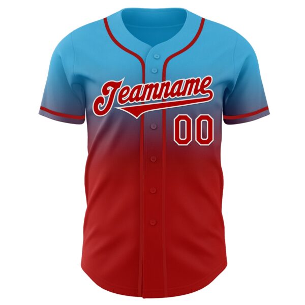 Custom Sky Blue Red-White Authentic Fade Fashion Baseball Jersey