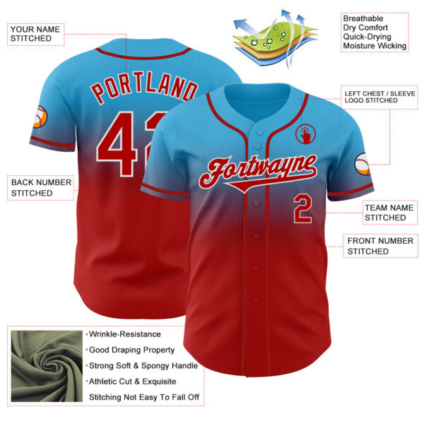 Custom Sky Blue Red-White Authentic Fade Fashion Baseball Jersey