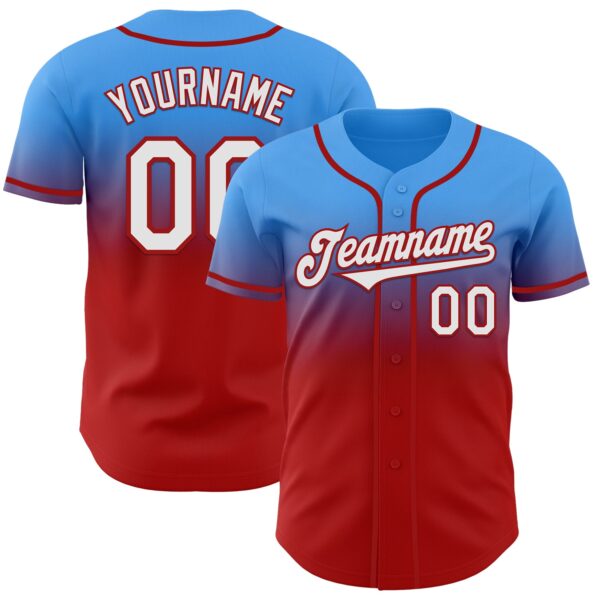 Custom Electric Blue White-Red Authentic Fade Fashion Baseball Jersey