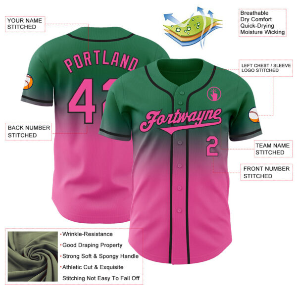 Custom Kelly Green Pink-Black Authentic Fade Fashion Baseball Jersey