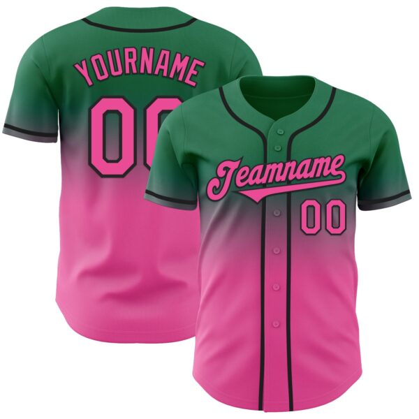 Custom Kelly Green Pink-Black Authentic Fade Fashion Baseball Jersey