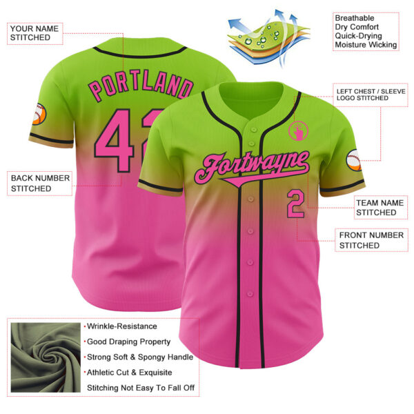 Custom Neon Green Pink-Black Authentic Fade Fashion Baseball Jersey