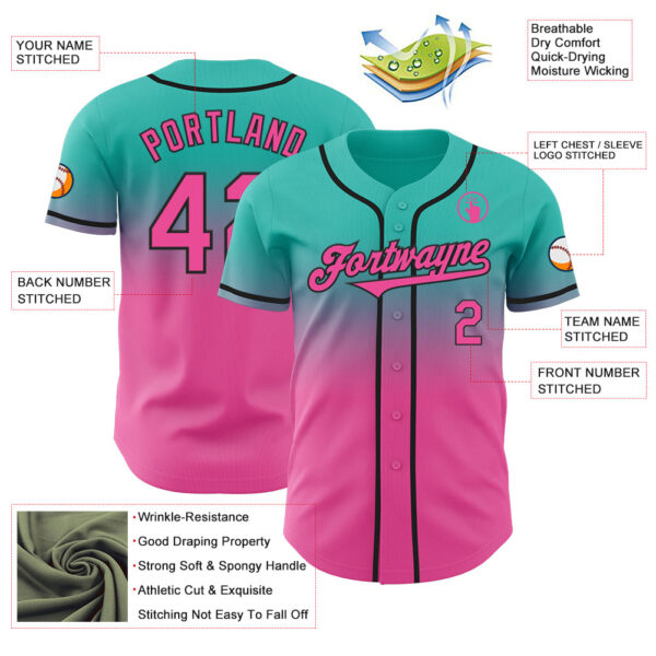 Custom Aqua Pink-Black Authentic Fade Fashion Baseball Jersey