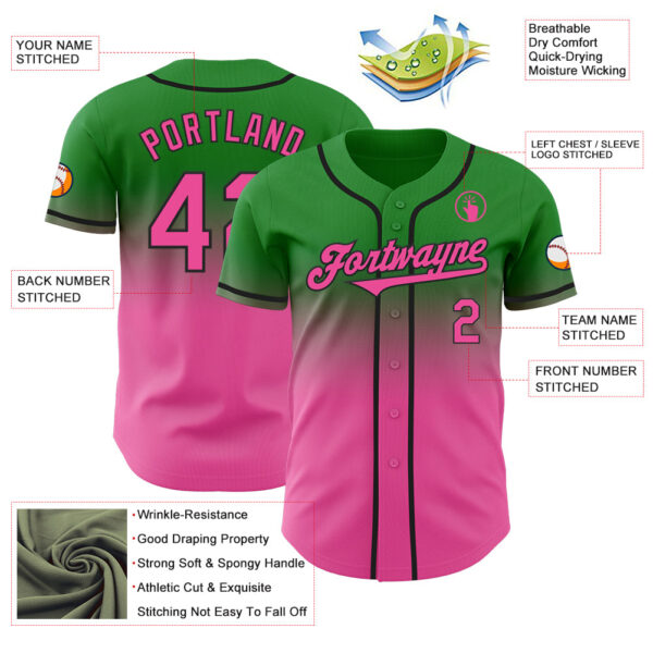 Custom Grass Green Pink-Black Authentic Fade Fashion Baseball Jersey