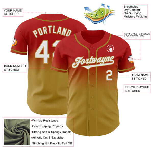 Custom Red White-Old Gold Authentic Fade Fashion Baseball Jersey