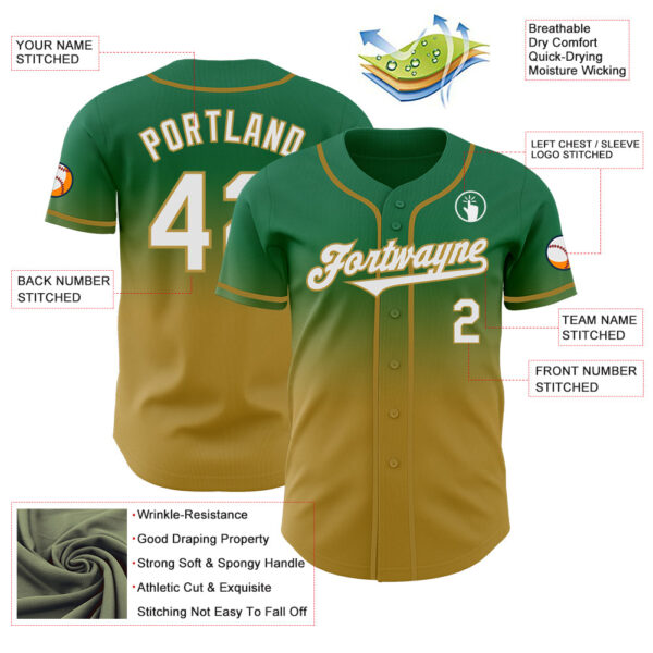 Custom Kelly Green White-Old Gold Authentic Fade Fashion Baseball Jersey
