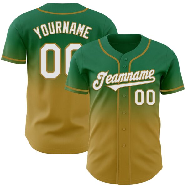 Custom Kelly Green White-Old Gold Authentic Fade Fashion Baseball Jersey