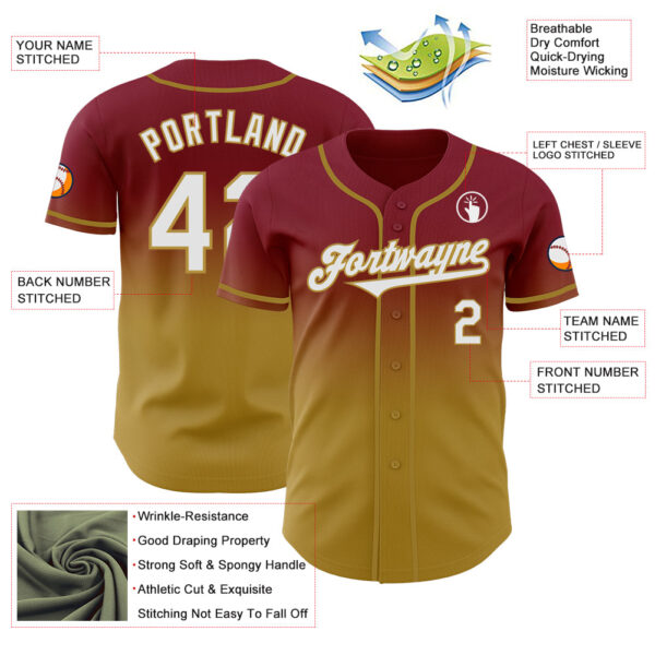 Custom Crimson White-Old Gold Authentic Fade Fashion Baseball Jersey