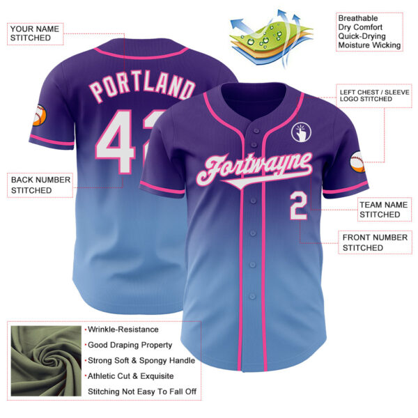 Custom Purple White Light Blue-Pink Authentic Fade Fashion Baseball Jersey