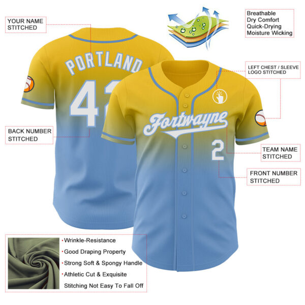 Custom Yellow White-Light Blue Authentic Fade Fashion Baseball Jersey