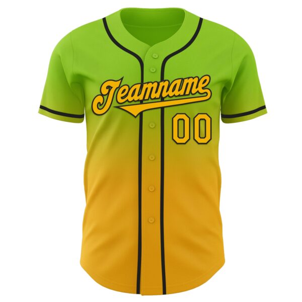 Custom Neon Green Gold-Black Authentic Fade Fashion Baseball Jersey