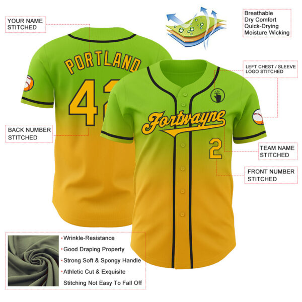 Custom Neon Green Gold-Black Authentic Fade Fashion Baseball Jersey