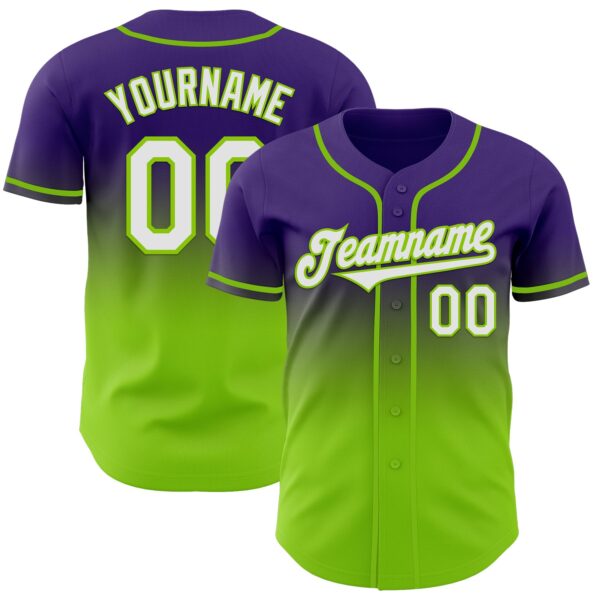 Custom Purple White-Neon Green Authentic Fade Fashion Baseball Jersey