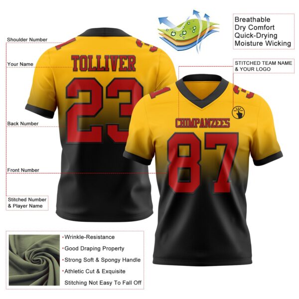 Custom Gold Red-Black Authentic Fade Fashion Football Jersey