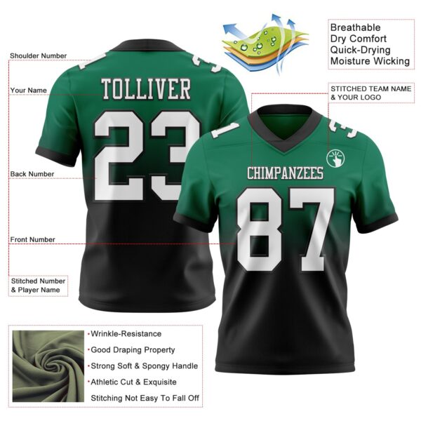 Custom Kelly Green White-Black Authentic Fade Fashion Football Jersey