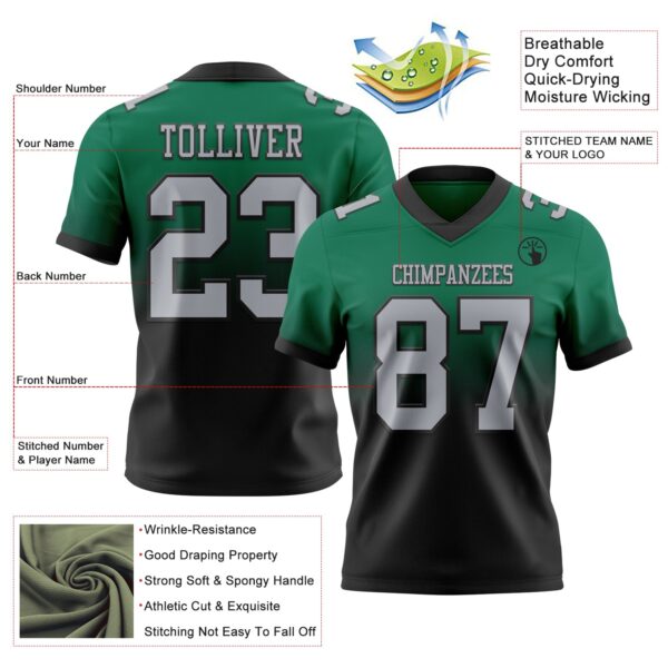 Custom Kelly Green Gray-Black Authentic Fade Fashion Football Jersey