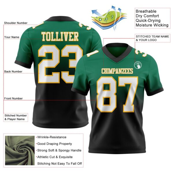 Custom Kelly Green White Black-Gold Authentic Fade Fashion Football Jersey