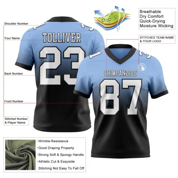 Custom Light Blue White-Black Authentic Fade Fashion Football Jersey