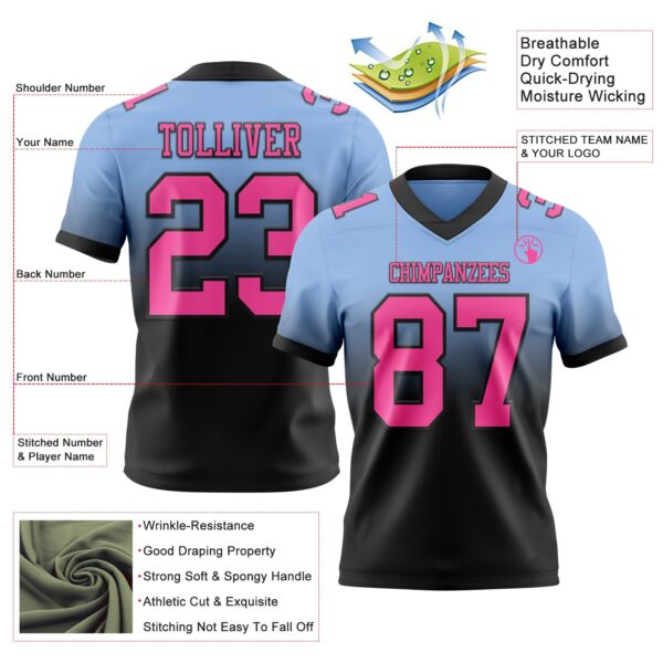 Custom Light Blue Pink-Black Authentic Fade Fashion Football Jersey