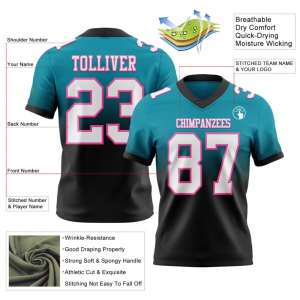 Custom Teal White Black-Pink Authentic Fade Fashion Football Jersey