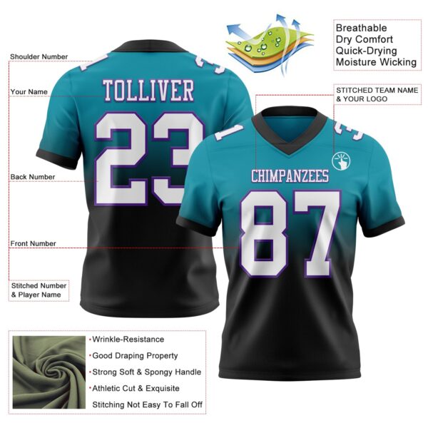 Custom Teal White Black-Purple Authentic Fade Fashion Football Jersey