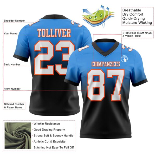 Custom Powder Blue White Black-Orange Authentic Fade Fashion Football Jersey