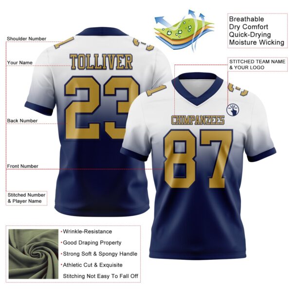 Custom White Old Gold-Navy Authentic Fade Fashion Football Jersey