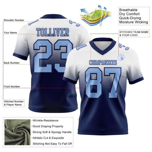 Custom White Light Blue-Navy Authentic Fade Fashion Football Jersey