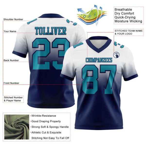 Custom White Teal-Navy Authentic Fade Fashion Football Jersey
