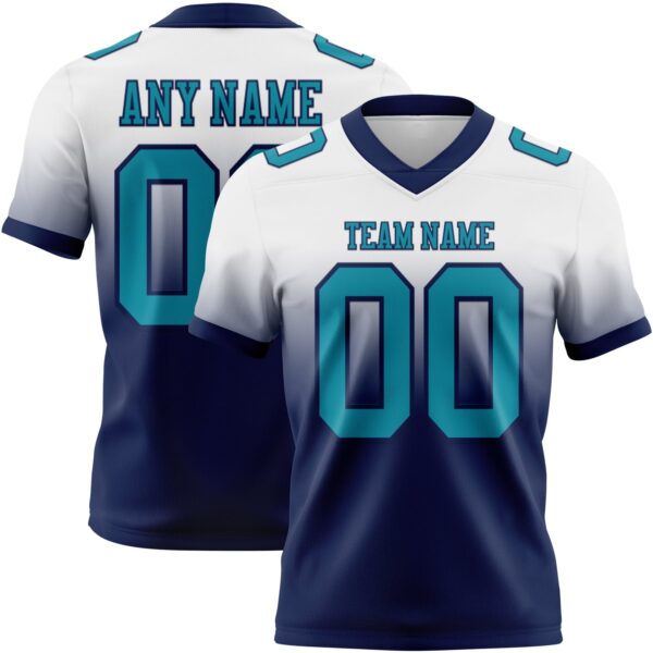 Custom White Teal-Navy Authentic Fade Fashion Football Jersey