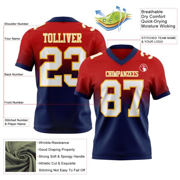 Custom Red White Navy-Gold Authentic Fade Fashion Football Jersey