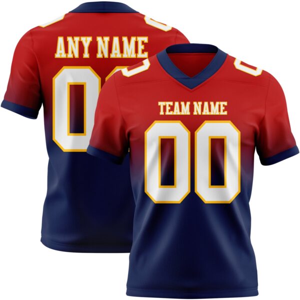 Custom Red White Navy-Gold Authentic Fade Fashion Football Jersey
