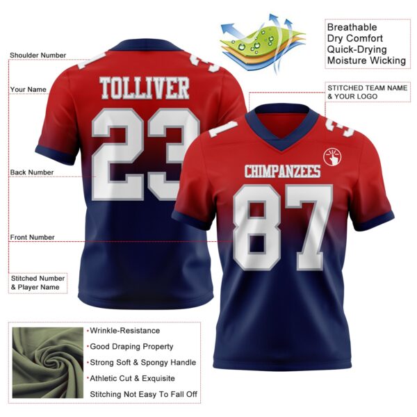 Custom Red White Navy-Gray Authentic Fade Fashion Football Jersey
