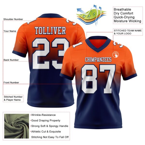 Custom Orange White-Navy Authentic Fade Fashion Football Jersey