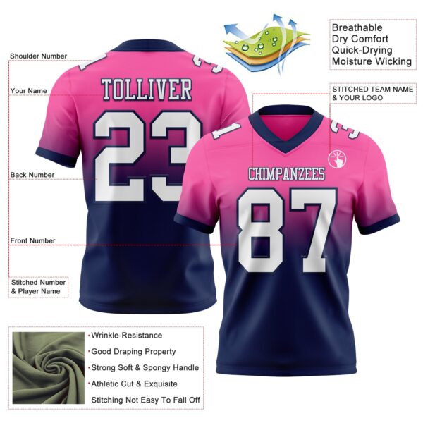 Custom Pink White-Navy Authentic Fade Fashion Football Jersey