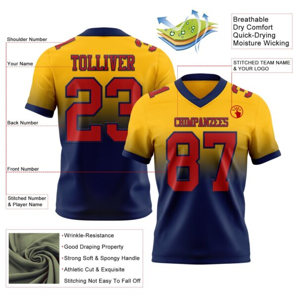 Custom Gold Red-Navy Authentic Fade Fashion Football Jersey