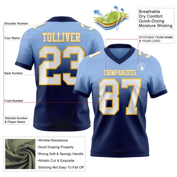 Custom Light Blue White Navy-Gold Authentic Fade Fashion Football Jersey