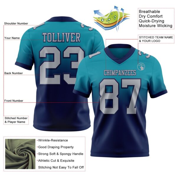 Custom Teal Gray-Navy Authentic Fade Fashion Football Jersey
