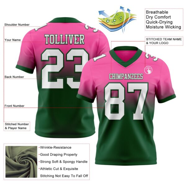 Custom Pink White-Green Authentic Fade Fashion Football Jersey