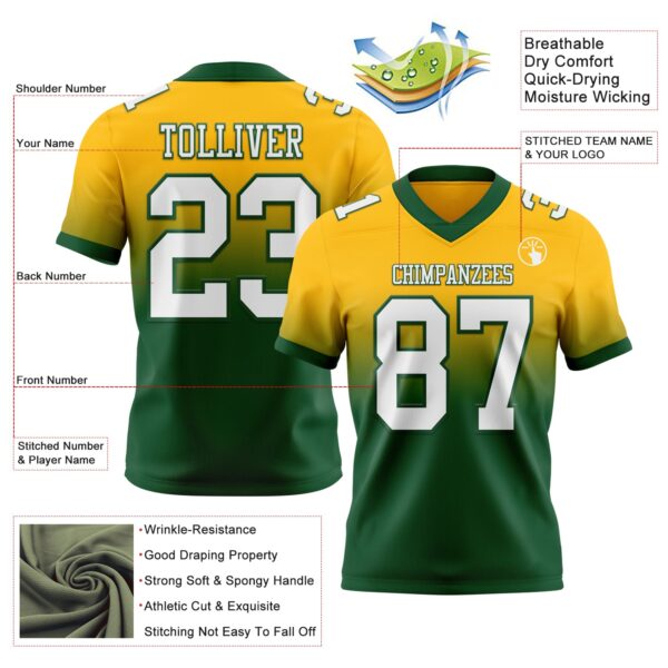 Custom Gold White-Green Authentic Fade Fashion Football Jersey