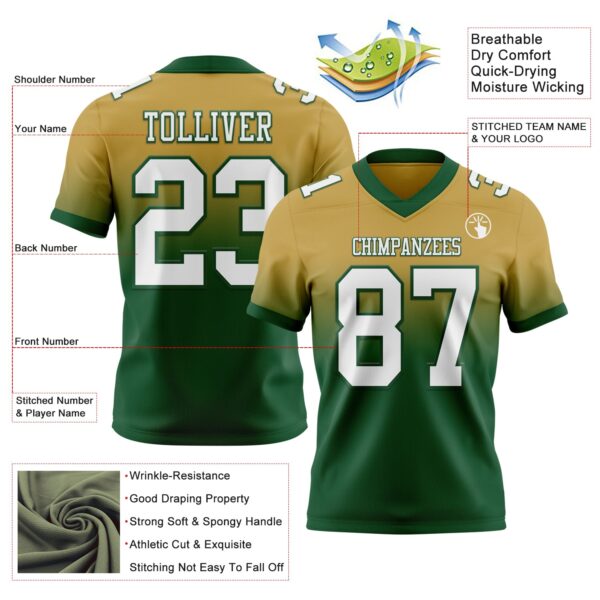 Custom Old Gold White-Green Authentic Fade Fashion Football Jersey