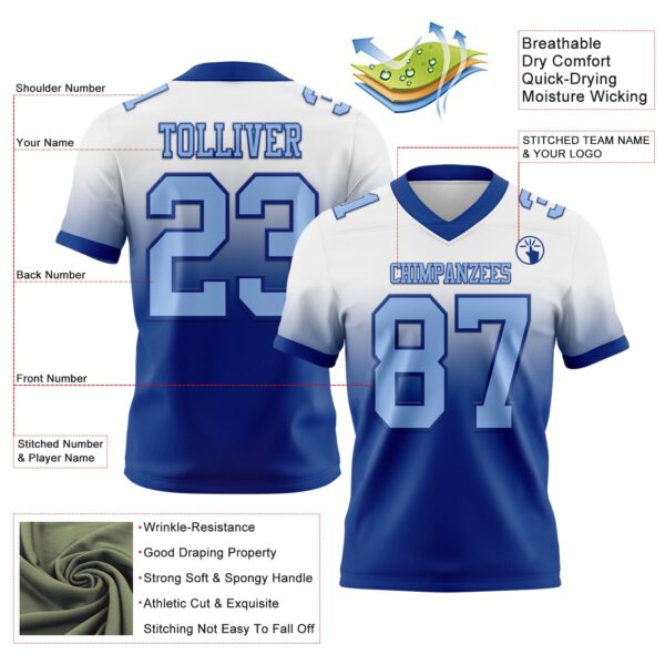 Custom White Light Blue-Royal Authentic Fade Fashion Football Jersey