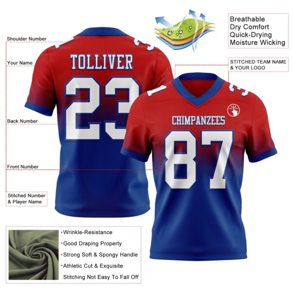 Custom Red White-Royal Authentic Fade Fashion Football Jersey