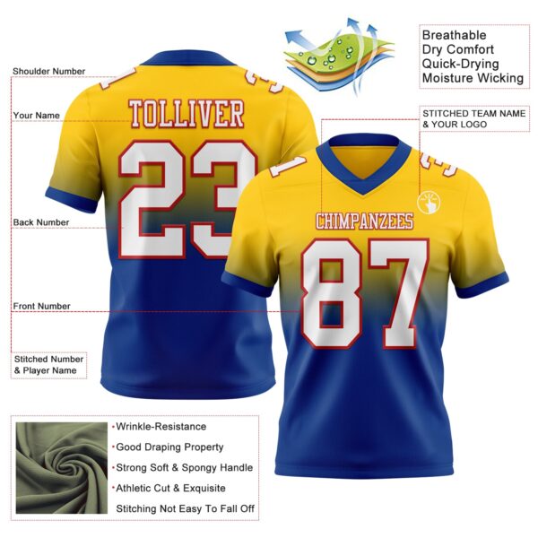Custom Yellow White Royal-Red Authentic Fade Fashion Football Jersey